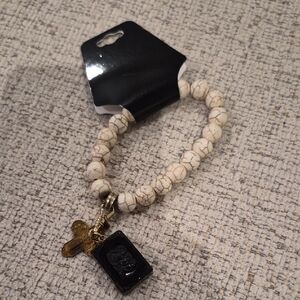 White Beaded Rosary Bracelet with Charms NEW